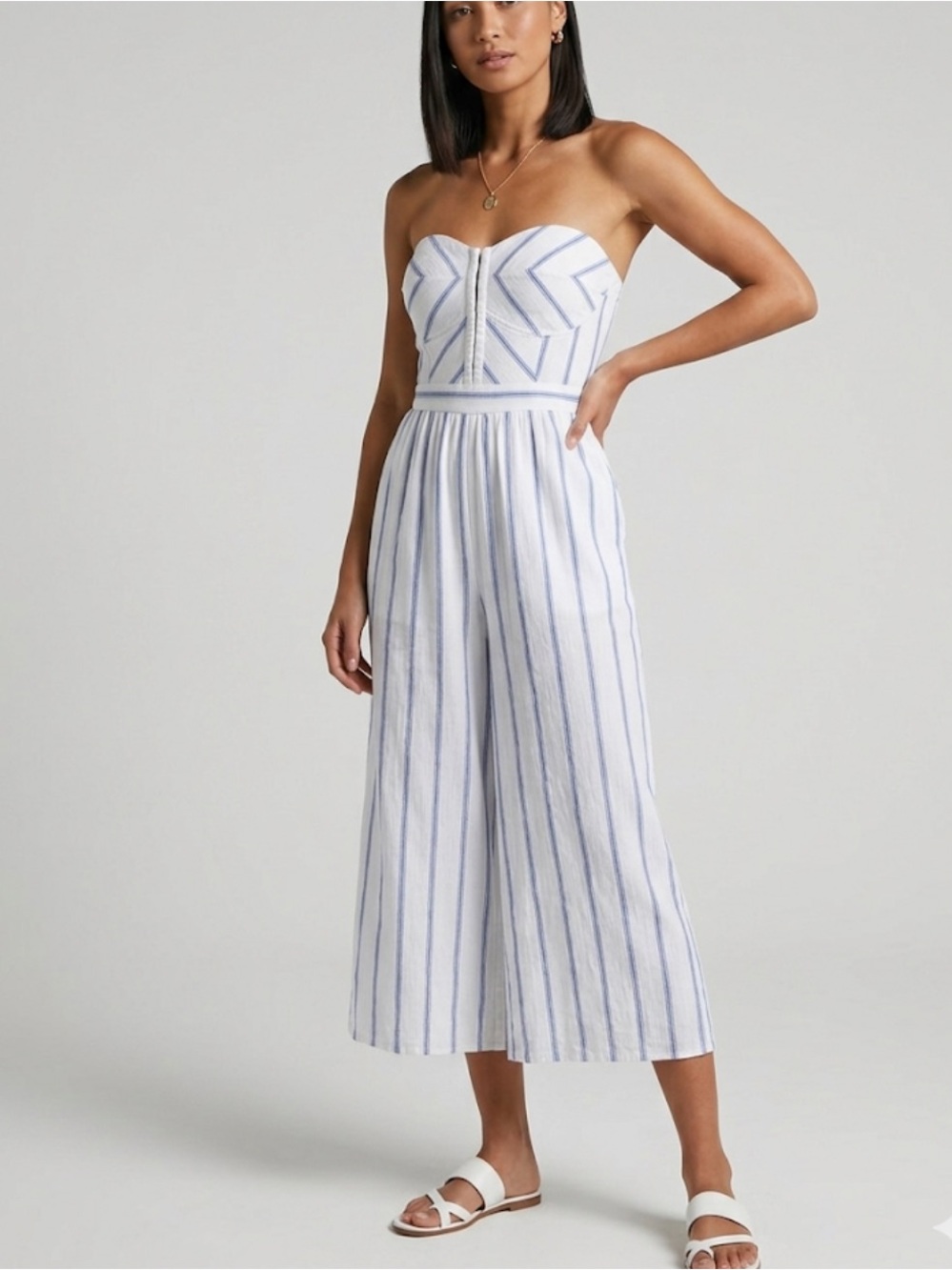 American Eagle Outfitters Strapless White Striped Wide Leg Cropped Jumpsuit